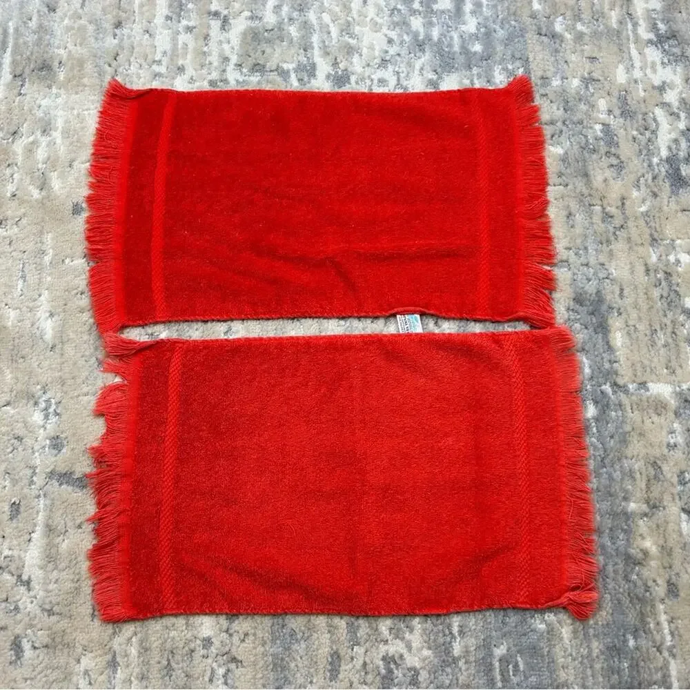 Vintage FieldCrest Royal Velvet Cotton Orange Fringe Hand Towels Set of 2 1970’s